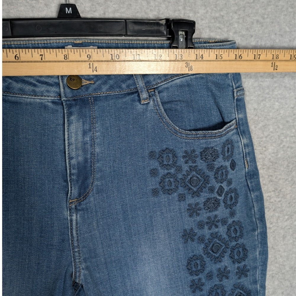 LOGO Lori Goldstein Jeans Womens 12 Blue Embroidered Boho Denim Floral - Picture 7 of 9